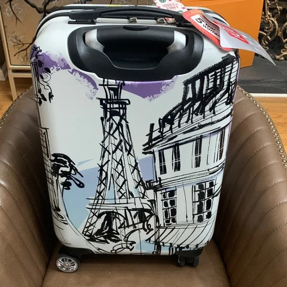 White Hard-Shell Emily in Paris Carry-On with Paris Sketch & Lavender Accents - Picture 1 of 16